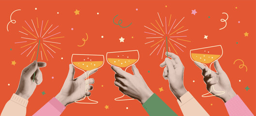 Hands with trendy halftone effect holding a glass of champagne, sparklers. New Year and Christmas holiday party. Vector collage elements, greeting card, invitation, banner.