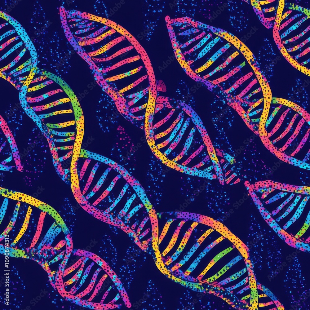 Poster Colorful double-helix DNA strands in a detailed pattern against a dark background showcasing scientific beauty and complexity