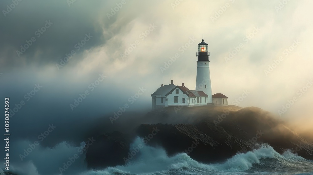Aufkleber A coastal lighthouse shrouded in dense fog with crashing waves capturing a serene yet mysterious atmosphere at dawn