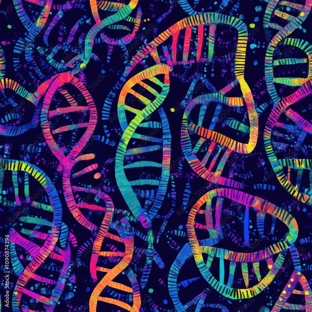 Poster Vibrant double-helix DNA strands intertwining in a colorful and abstract pattern against a dark background