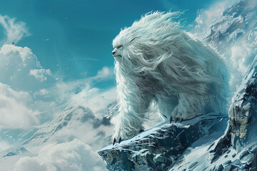 Huge fantasy yeti character in beautiful outdoor nature background