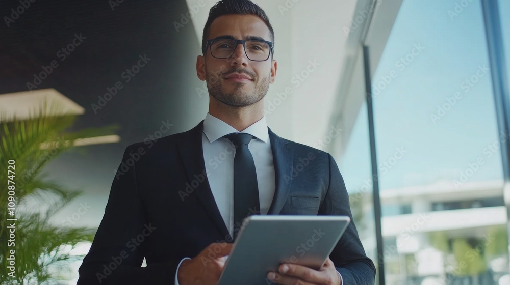 Poster a man in a suit holding a tablet in front of a window