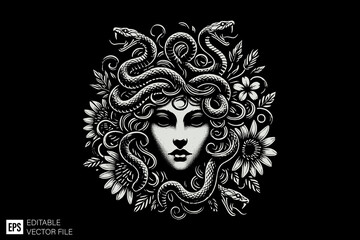 scary medusa head illustration black and white vector design