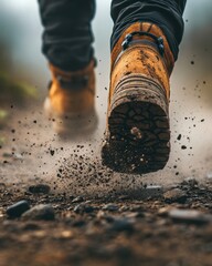 Obraz premium Close-up of hiking boots on rocky terrain during an adventurous mountain hike in the morning light