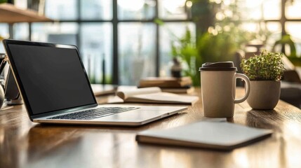 Fototapeta premium Close-up of a modern office desk in a bright workspace featuring a laptop, notebook, coffee cup, and greenery in natural light