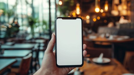 Mockup image of hand holding white mobile phone with blank white screen in cafe
