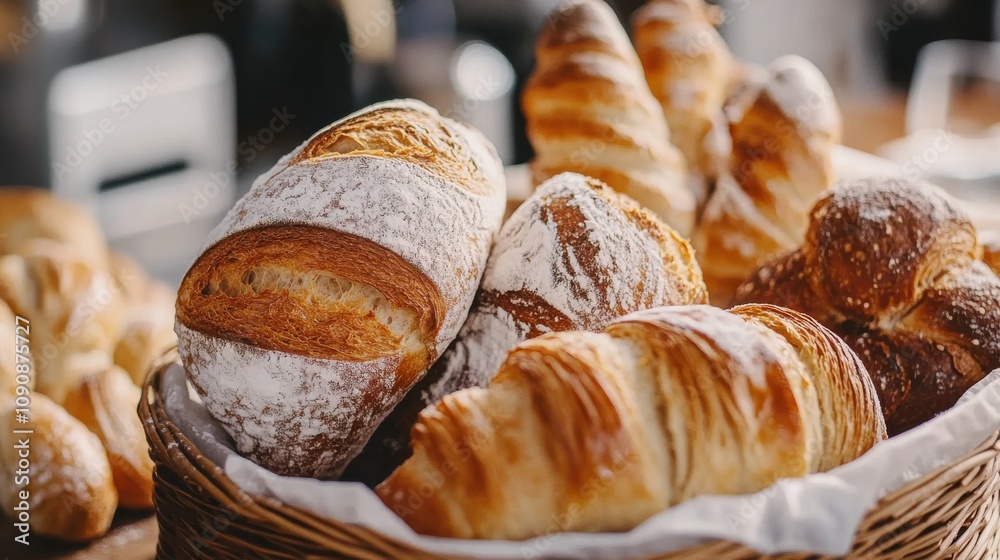 Poster a close-up view of a bread basket filled with freshly baked crusty loaves in a rustic kitchen settin