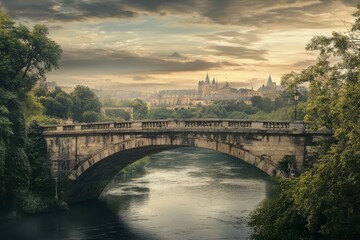Fototapeta premium Serene Sunset Bridge and Cityscape - Picturesque stone bridge over calm river, city skyline backdrop, sunset ambiance. Symbolizes peace, travel, history, architecture, nature.