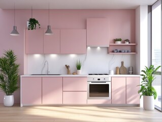 Modern Pink Kitchen Design With Plants And Natural Light