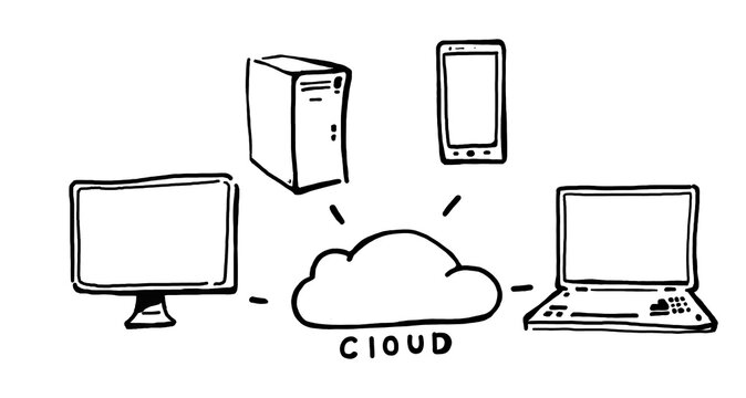Hand-drawn cloud computing diagram with server, desktop monitor, laptop, and smartphone linked to a cloud on a white background. Concept of technology and connectivity