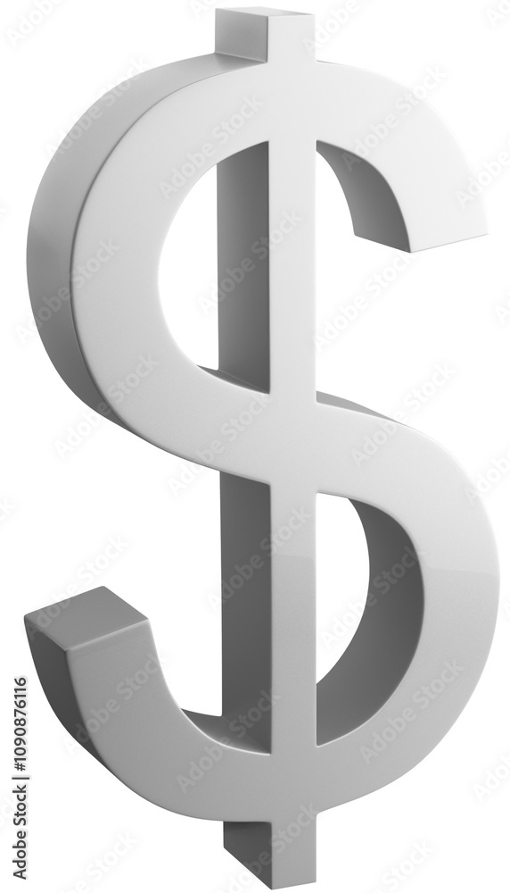 Poster A large white dollar symbol in 3D rendering style, isolated on a plain white background. Concept of finance, wealth, currency, and money
