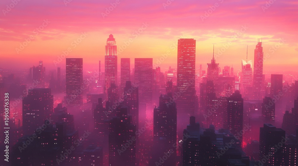 Poster a vibrant city skyline illuminated at dusk with glowing buildings and colorful skies creating a brea