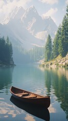 Obraz premium A tranquil lake surrounded by majestic mountains reflects calm waters and a solitary wooden boat in the early morning light