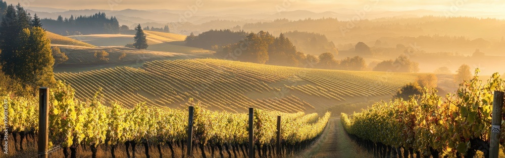 Poster breathtaking view of vineyards in autumn with golden sunlight illuminating the rolling hills and lus