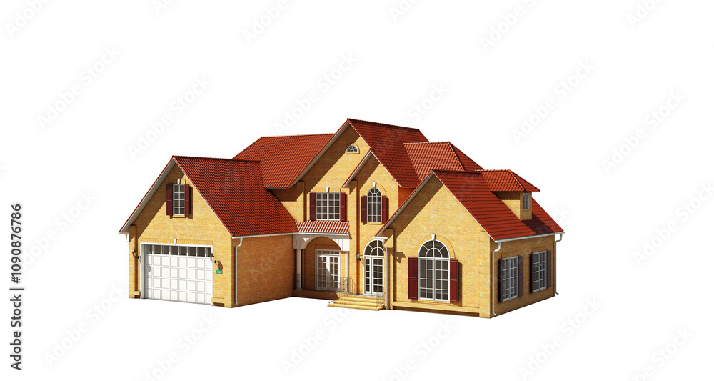 Aufkleber 3D rendering of a modern two-story house with a red tiled roof and a garage. The structure is isolated on a white background, showcasing residential design