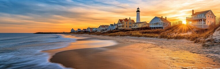 A stunning sunset view of Cape May's shore with colorful houses and a lighthouse along the beach