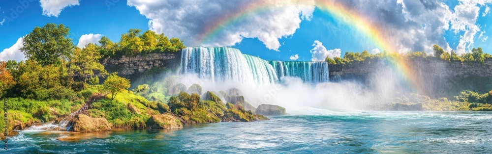 Poster a stunning view of niagara falls with a vibrant rainbow arching over the cascading waters and lush g
