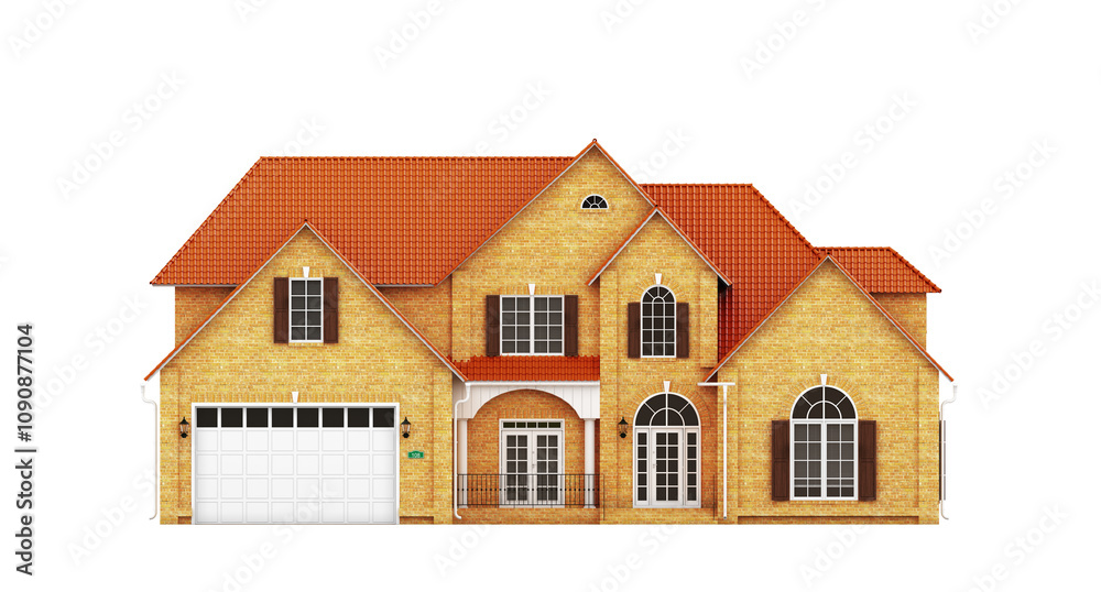 Aufkleber an isolated rendering of a modern two-story brick house with a red tiled roof. the image is on a whi