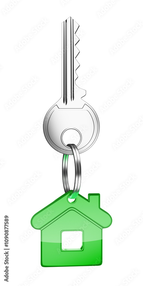 Poster silver key attached to a green house-shaped keychain, isolated on a white background. clean layout a