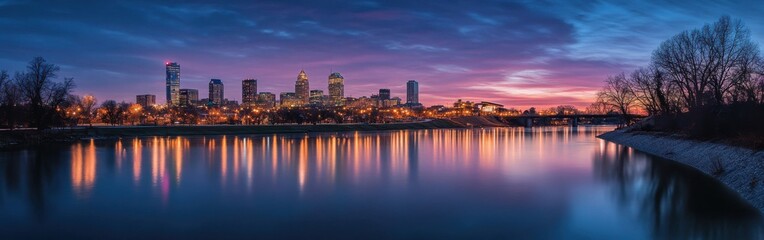 Fototapeta premium Stunning Indianapolis skyline reflecting on the water at twilight with vibrant colors and city lights
