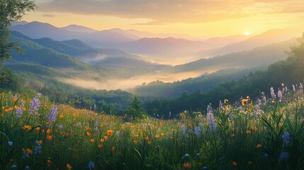 A stunning sunrise over the Blue Ridge Mountains with colorful wildflowers in bloom and mist rising across the valley