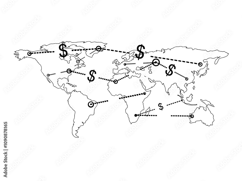 Poster world map showing global financial connections marked by dollar signs and dotted lines. isolated on 