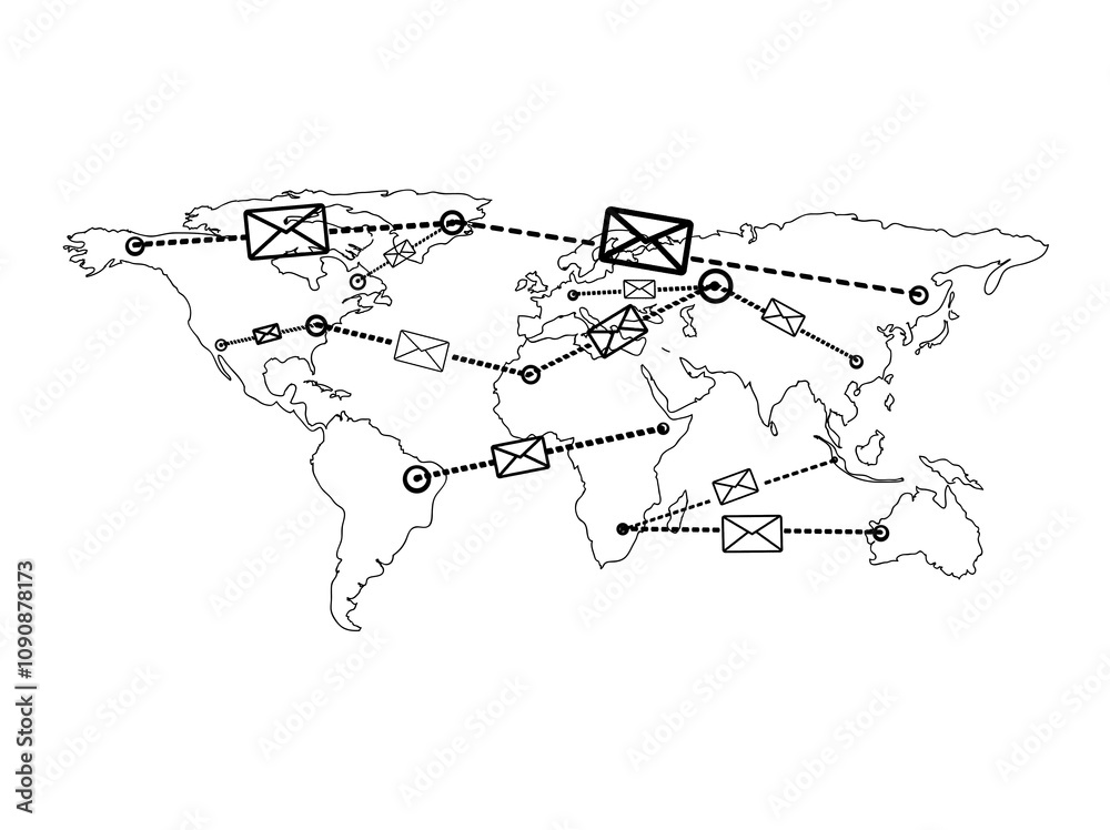 Poster Illustration of a world map with dotted lines connecting various envelopes, symbolizing global communication. Simple line style, on white background