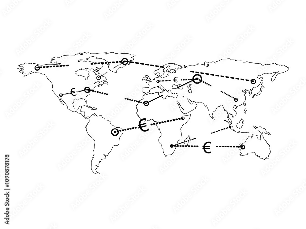 Aufkleber A world map with currency symbols and dotted lines indicating financial routes and global connections. Line style on a white background. Concept of international finance