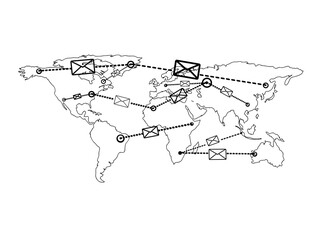 Illustration of a world map with dotted lines connecting various envelopes, symbolizing global communication. Simple line style, on white background