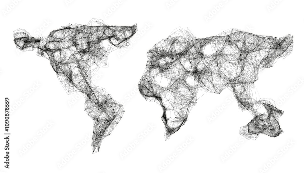 Poster Abstract wireframe map of world continents, made oflines and interconnected nodes. Minimalistic style. Isolated on white background. Concept of global network