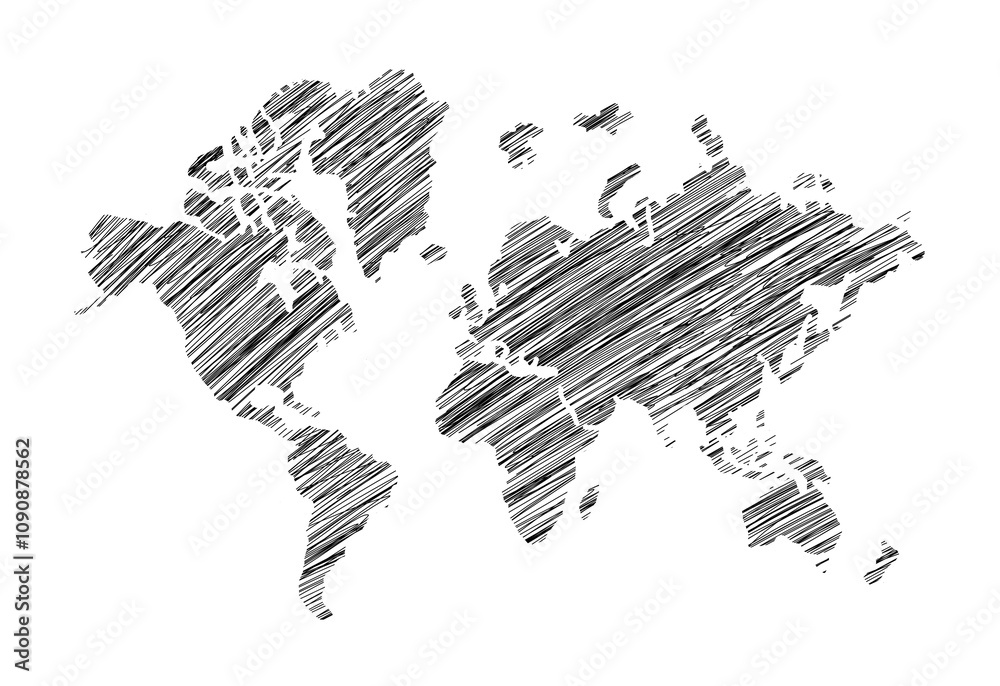 Poster Image shows a hand-drawn world map featuring scribbled lines across continents on a white background. Concept for geography, travel, or global design ideas