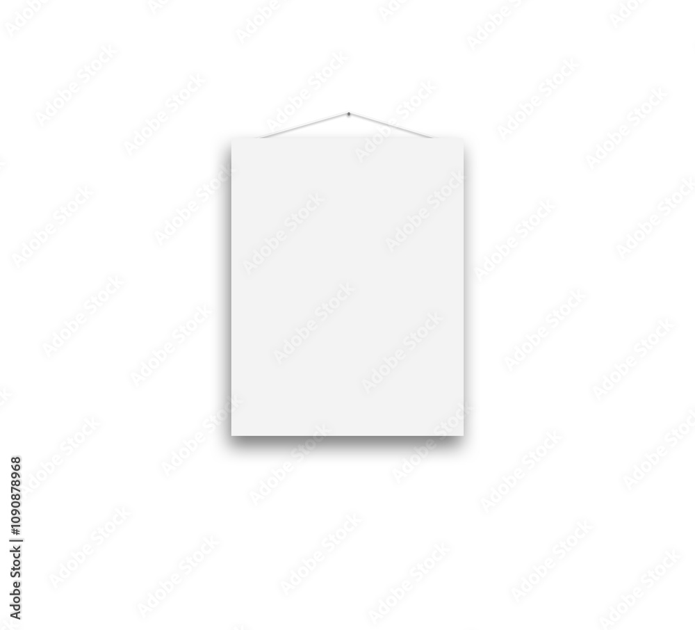Poster plain white sheet of paper hanging from a thin string on a white background. minimalist style, ideal