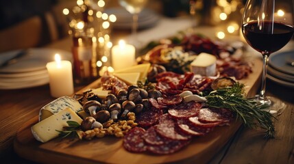 A festive charcuterie board with meats, cheeses, and wine arranged elegantly for a cozy evening gathering