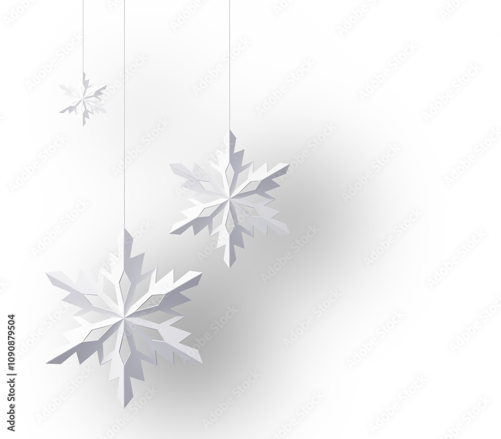 Poster snowflakes are hanging on strings, made from white paper, casting soft shadows on a white background