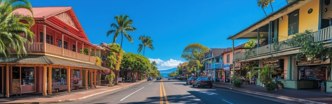 A picturesque view of the historic town featuring colorful buildings and lush palm trees under a clear blue sky