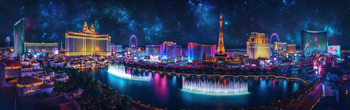 Fototapeta Breathtaking view of the Las Vegas Strip illuminated at night with vibrant lights and iconic landmarks reflecting on the water