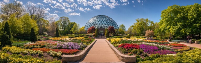 A stunning view of the Missouri Botanical Garden showcasing vibrant flowers and greenery in bright daylight