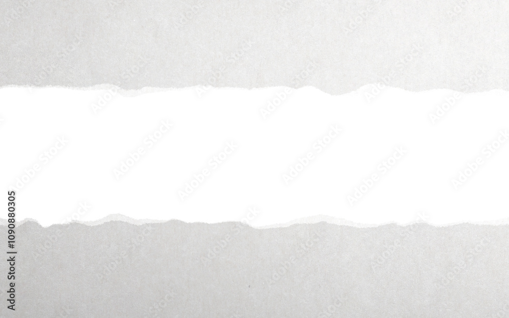 Poster torn paper strip with rough edges horizontally placed over a plain white background. closeup style. 