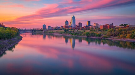 Fototapeta premium A stunning sunset over the Kansas City skyline reflecting in the calm waters, showcasing the city's architecture and natural beauty