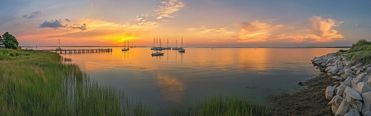 A serene twilight view of Mobile Bay featuring calm waters and silhouetted sailboats against a colorful sunset