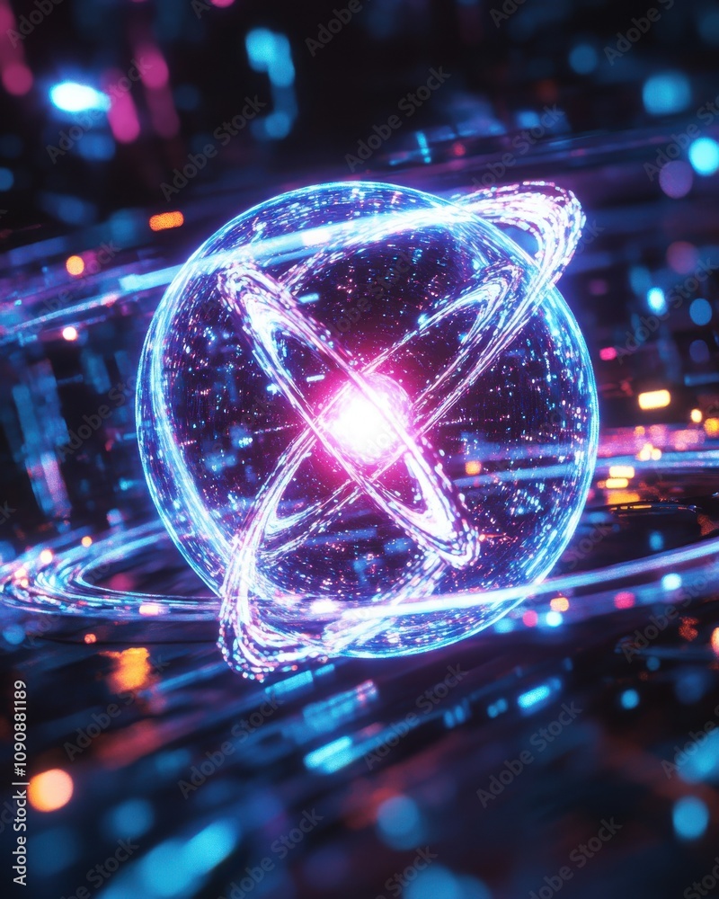 Poster a detailed atomic model illustrating an electron orbiting around a central nucleus in a vibrant, fut