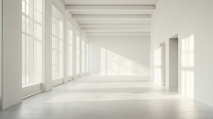 Fototapeta premium Spacious, sunlit empty room with large windows casting long shadows on the light-colored floor and walls, creating an airy and serene ambiance.