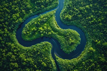 Fototapeta premium Aerial View of a River Winding Through a Lush Green Forest