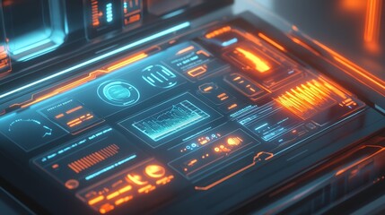 Obraz premium A digital dashboard showcasing a user's personalized AI settings for home automation, including lighting, music, and temperature, glowing brightly.