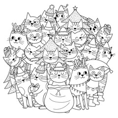 Christmas cats mandala for kids. Festive winter feline characters circle shape print for coloring page. Outline background. Vector illustration