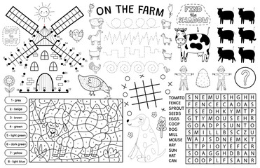 Farm placemat with cute animals. On the farm activity mat for kids with color by number, dot to dot, find the shadow, trace the lines and other games with cow, sheep, dog, etc. Vector illustration