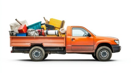 Naklejka premium A fully loaded pickup truck with construction materials, isolated on a white background