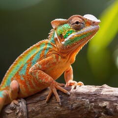 Obraz premium A multi-colored chameleon basking under filtered sunlight