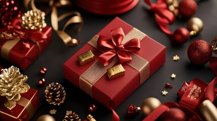 A balanced composition featuring gold ingots, red and gold ribbons, and branded items like gift boxes