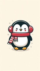 Fototapeta premium Cute Christmas penguin with earmuffs and scarf